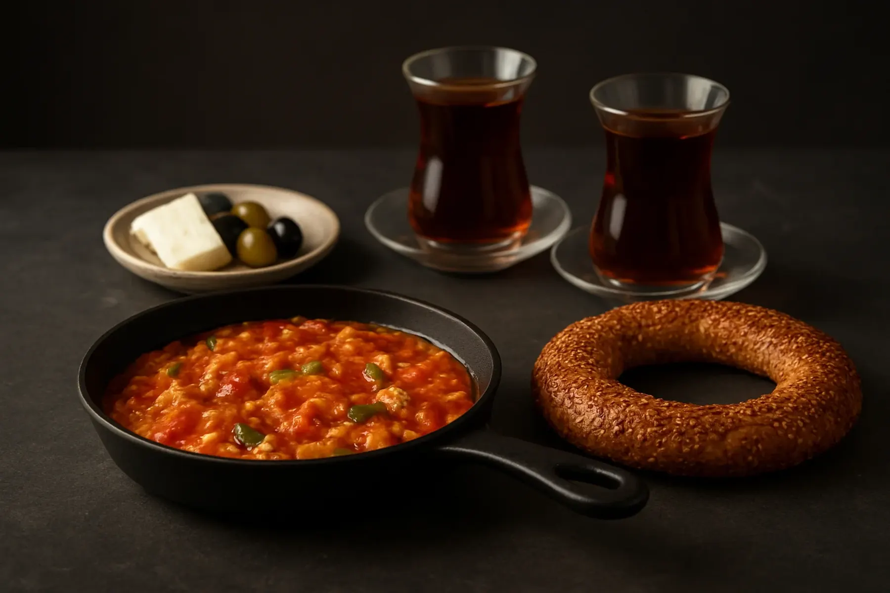 Masada serpme kahvaltı: çay, menemen, simit, peynir ve zeytin